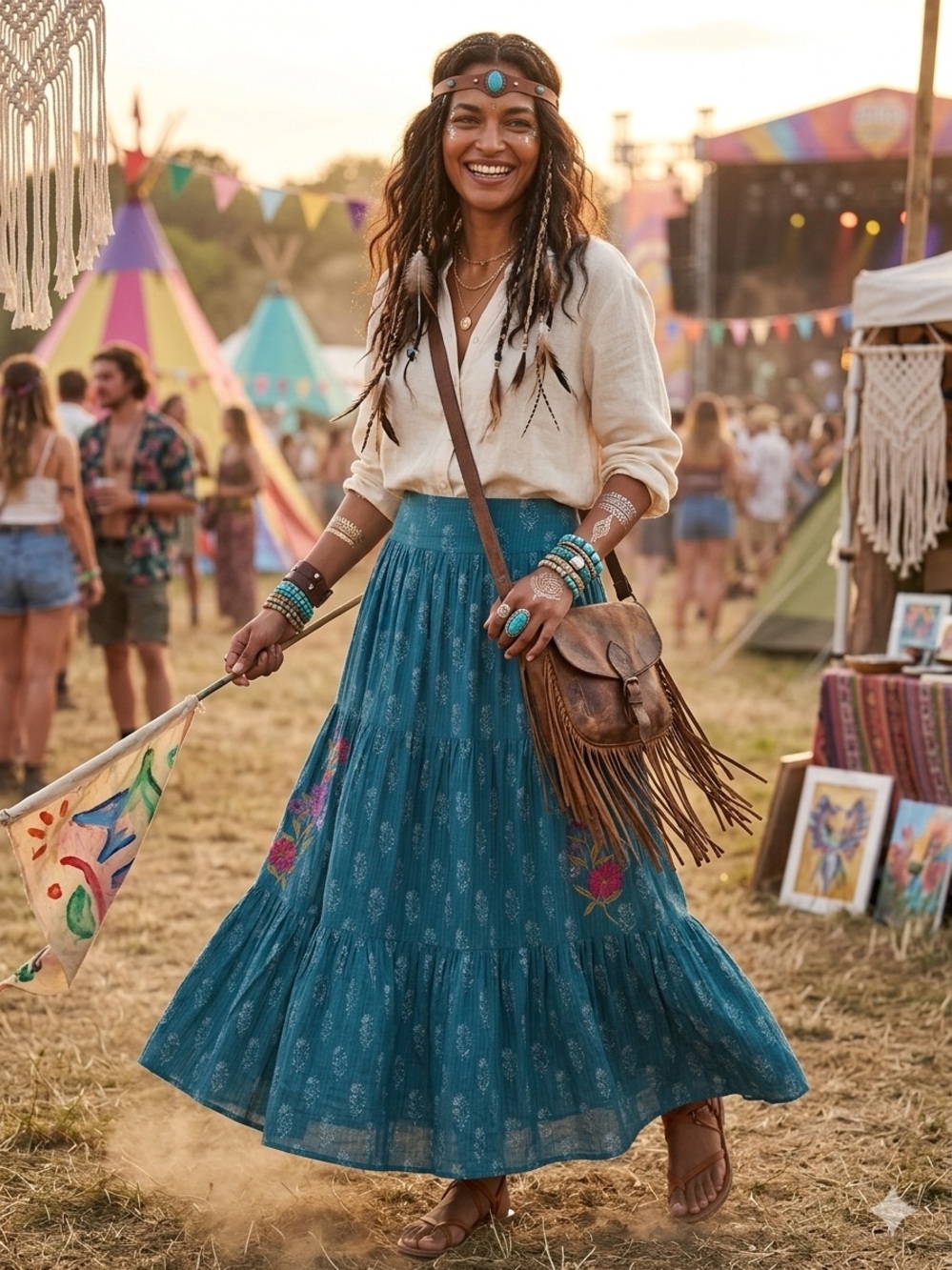 NATURAL LIFE Teal Floral Tiered Maxi Skirt